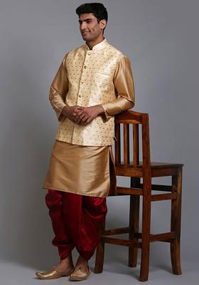 Rose Gold Solid Poly Blend Kurta Set For Men
