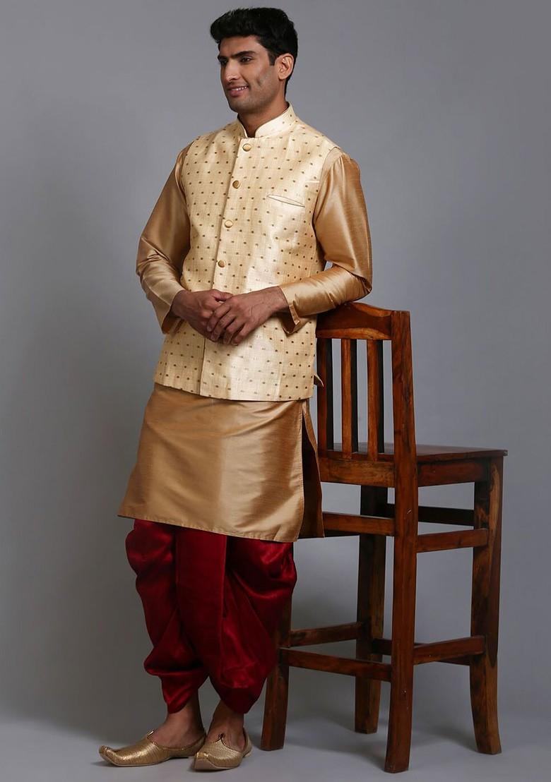Rose Gold Solid Poly Blend Kurta Set For Men