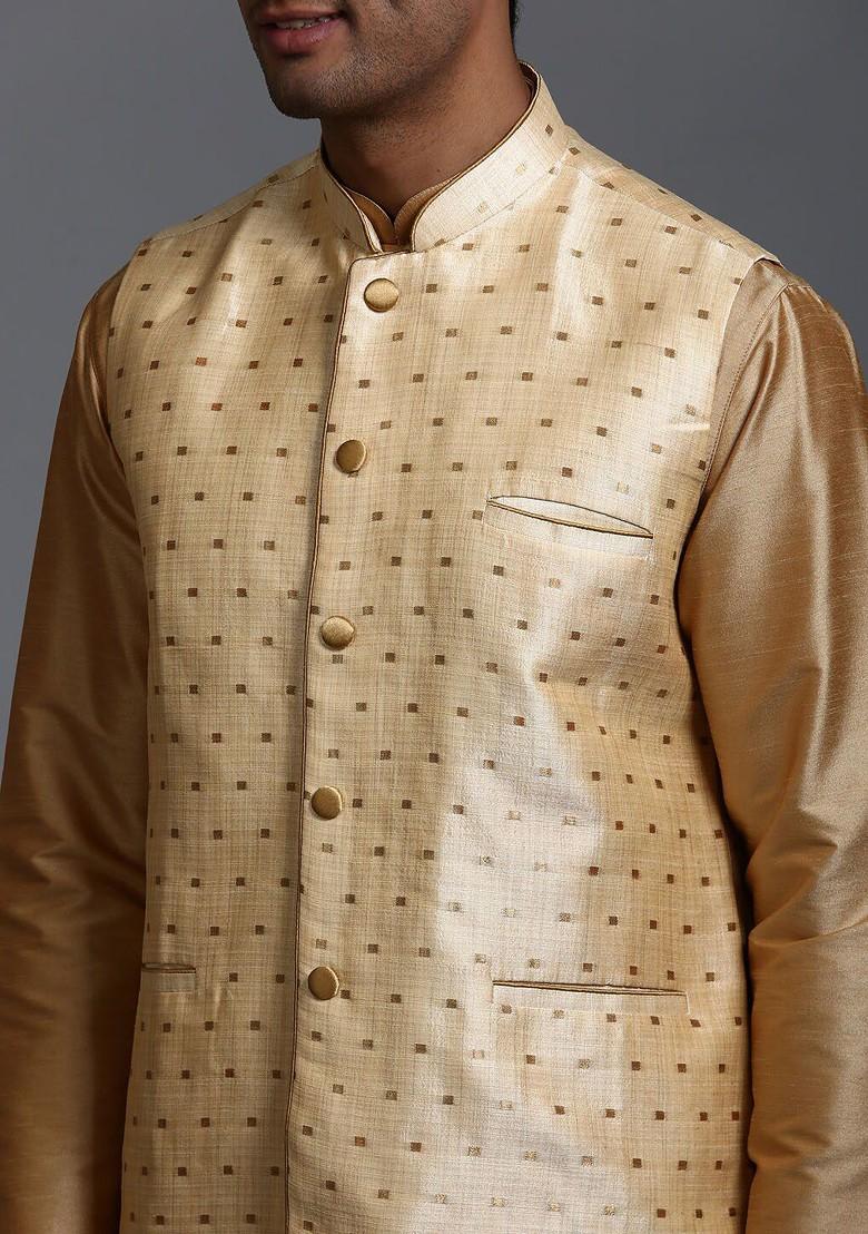 Rose Gold Solid Poly Blend Kurta Set For Men