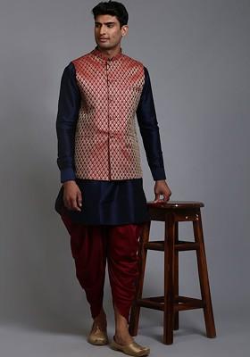 Navy Blue Solid Poly Blend Kurta Set For Men
