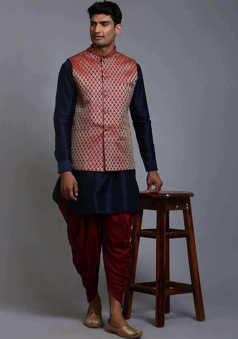 Navy Blue Solid Poly Blend Kurta Set For Men - Indya