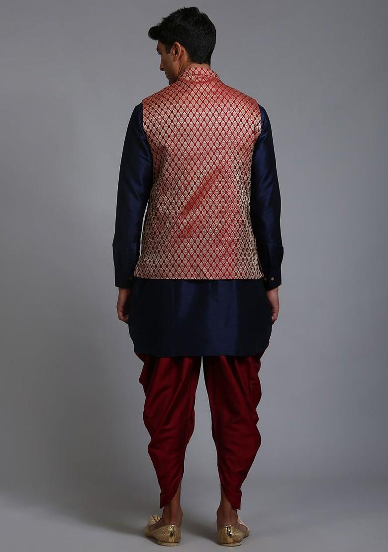 Navy Blue Solid Poly Blend Kurta Set For Men