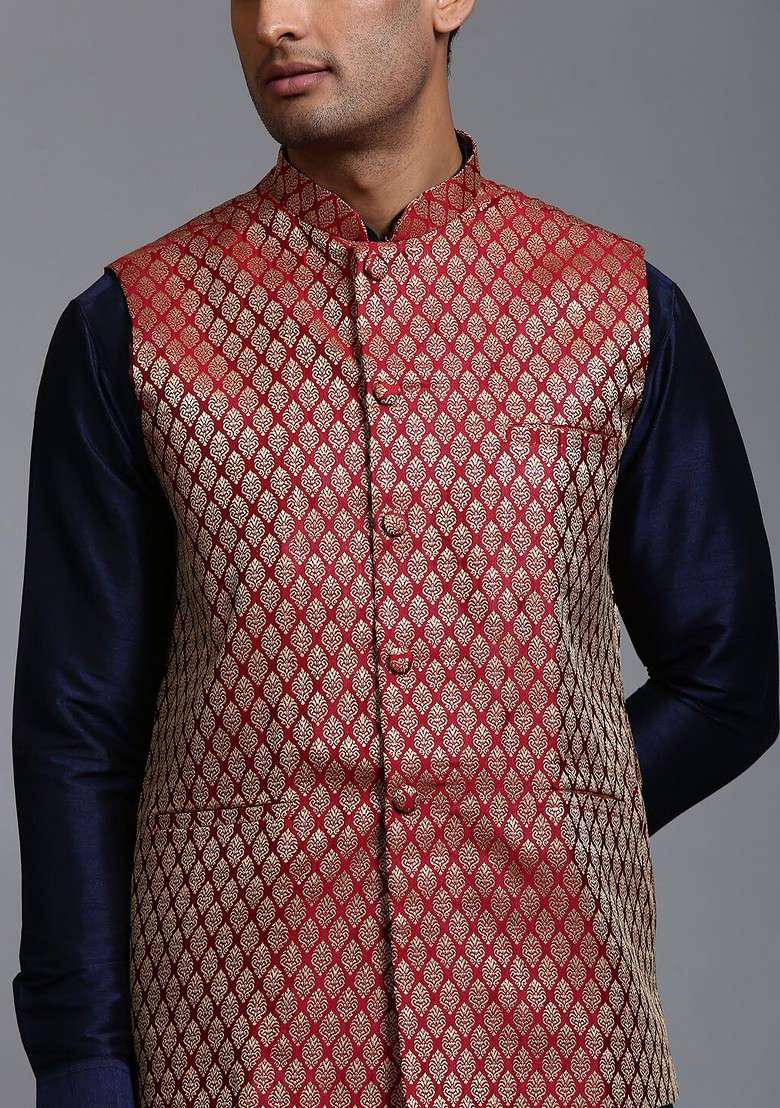 Navy Blue Solid Poly Blend Kurta Set For Men - Indya