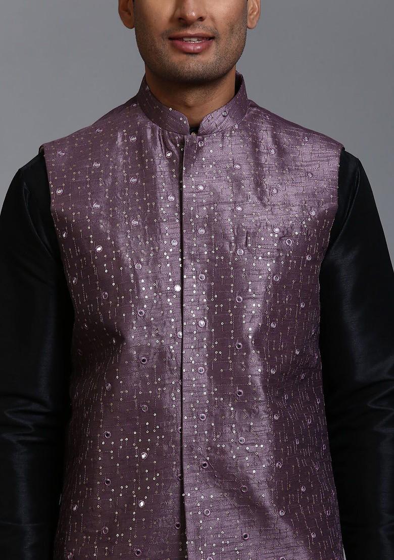 Black Sequin Work Poly Blend Kurta Set For Men