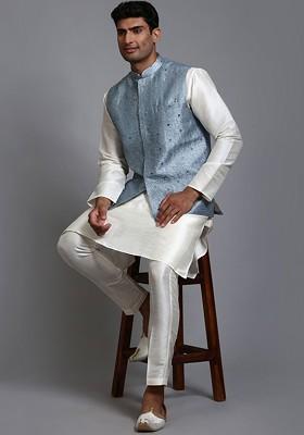 Cream Embellished Poly Blend Kurta Set For Men