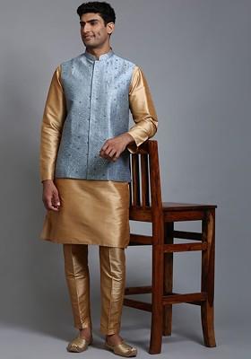 Rose Gold Sequin Work Poly Blend Kurta Set For Men