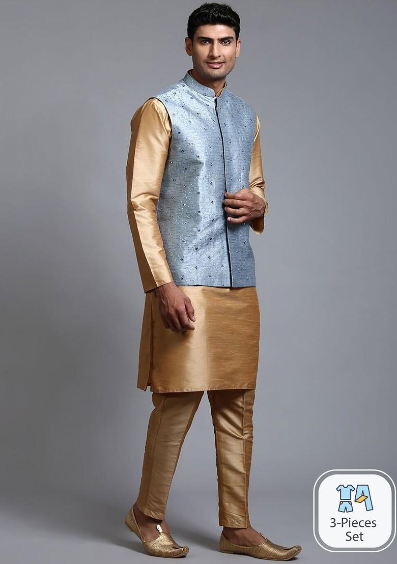 Rose Gold Sequin Work Poly Blend Kurta Set For Men