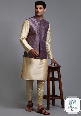Gold Sequin Work Poly Blend Kurta Set For Men