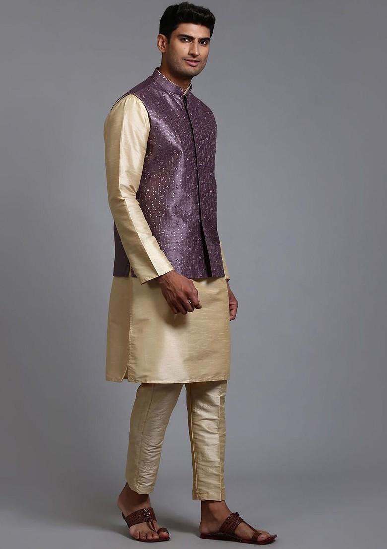 Gold Sequin Work Poly Blend Kurta Set For Men