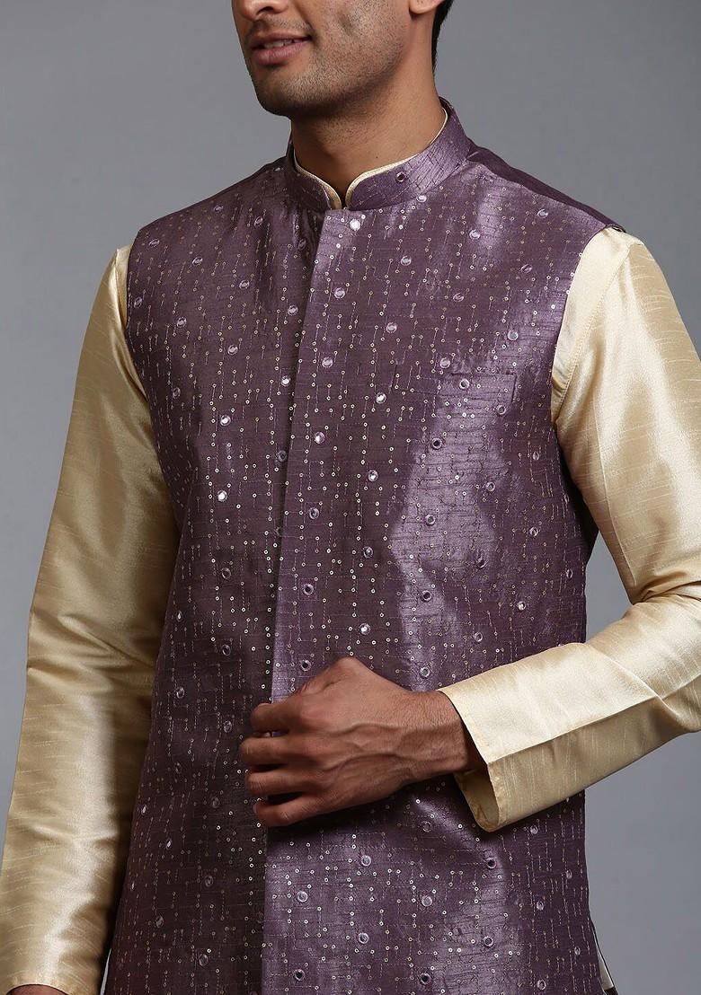 Gold Sequin Work Poly Blend Kurta Set For Men