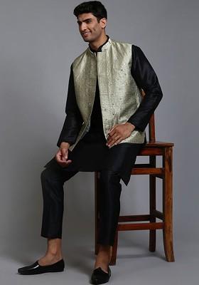 Black Embellished Poly Blend Kurta Set For Men