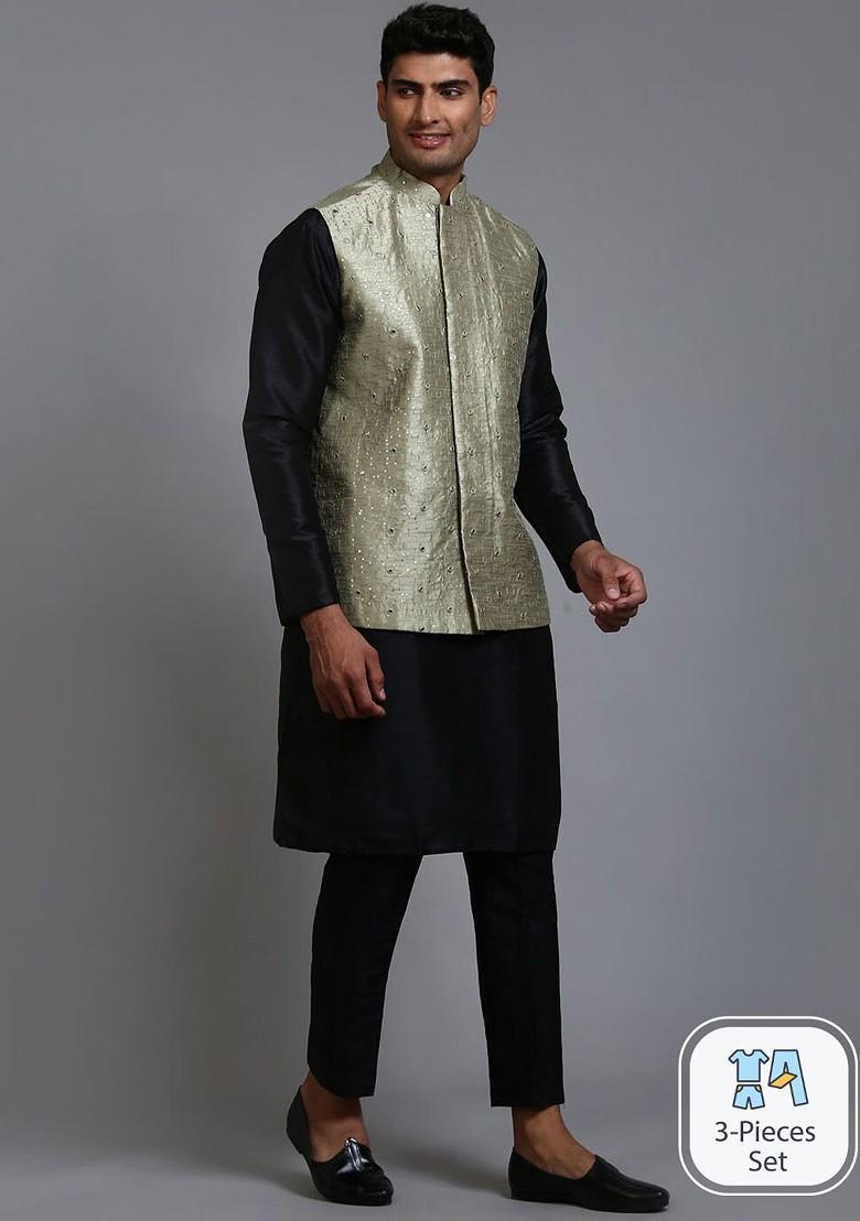 Black Embellished Poly Blend Kurta Set For Men