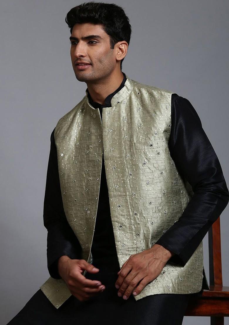 Black Embellished Poly Blend Kurta Set For Men