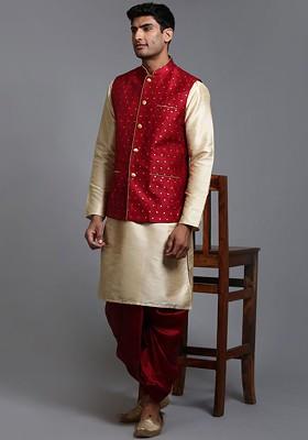 Gold Woven Jacquard Kurta Set For Men
