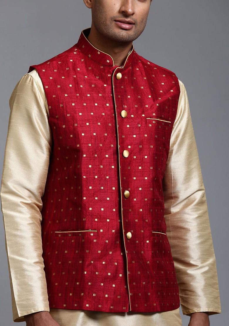 Gold Woven Jacquard Kurta Set For Men