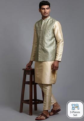 Gold Embellished Poly Blend Kurta Set For Men