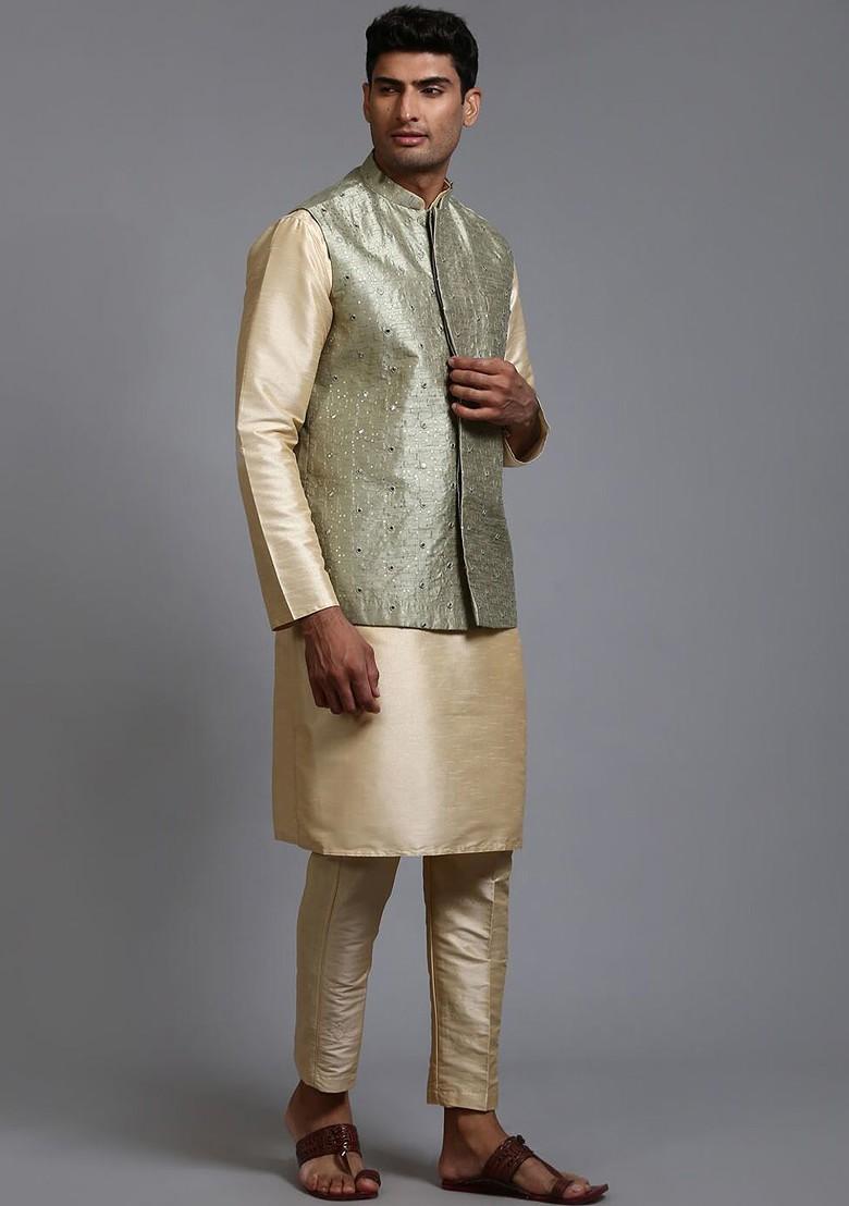 Gold Embellished Poly Blend Kurta Set For Men