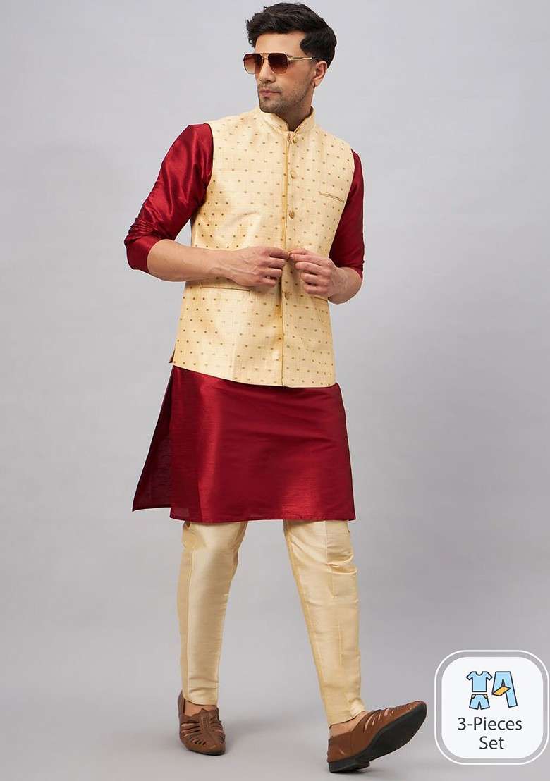 Maroon Woven Poly Blend Kurta Set For Men - Indya