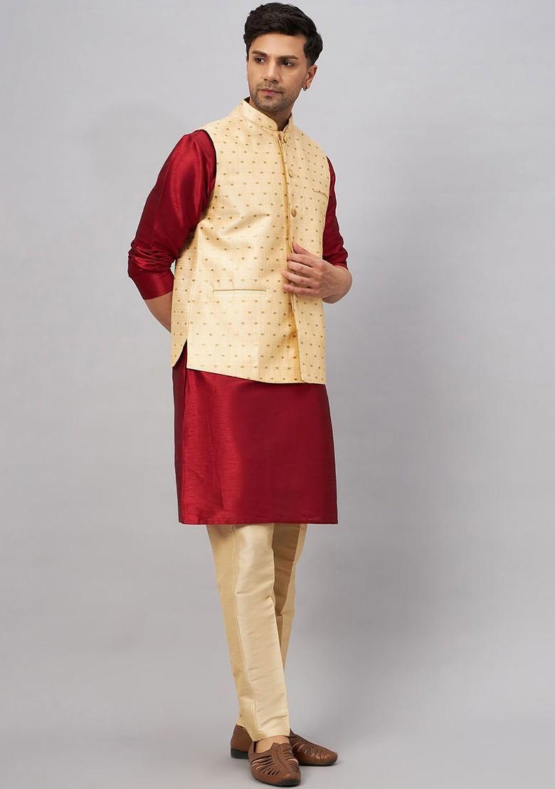 Maroon Woven Poly Blend Kurta Set For Men