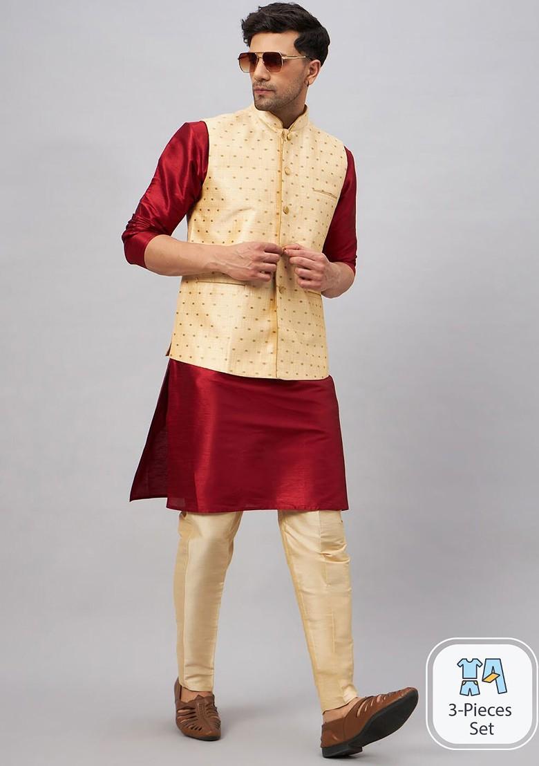 Maroon Woven Poly Blend Kurta Set For Men