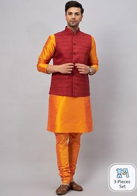 Orange Woven Poly Blend Kurta Set For Men