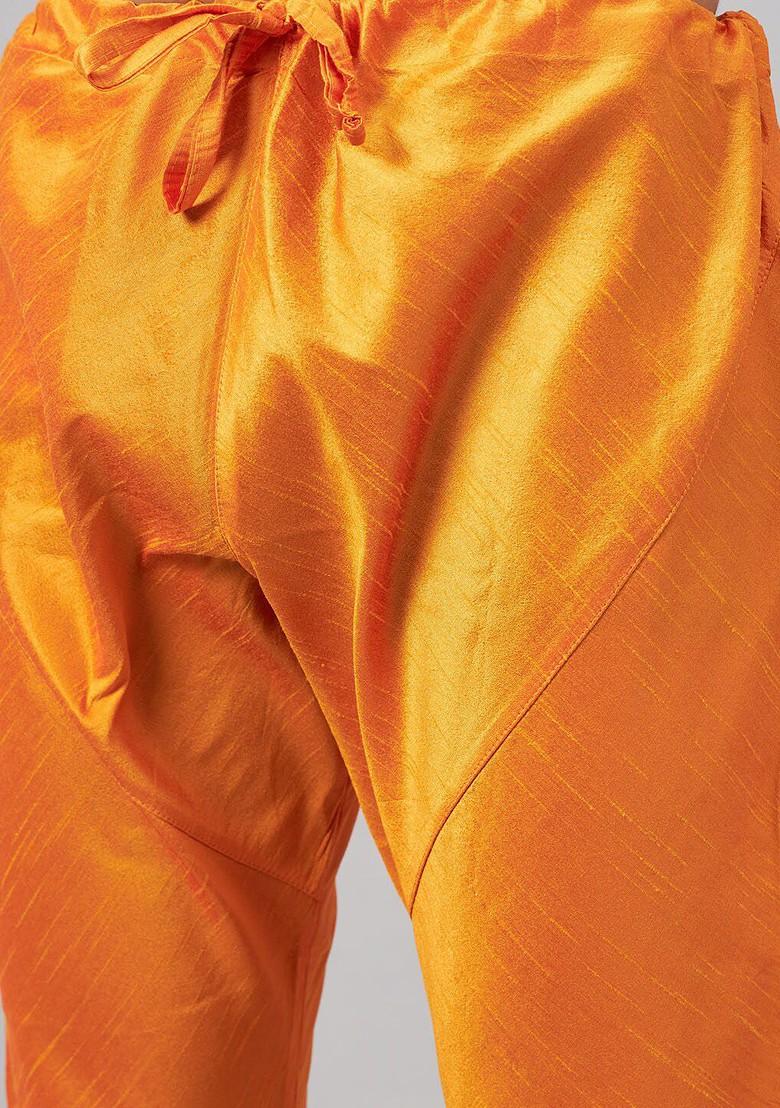Orange Woven Poly Blend Kurta Set For Men