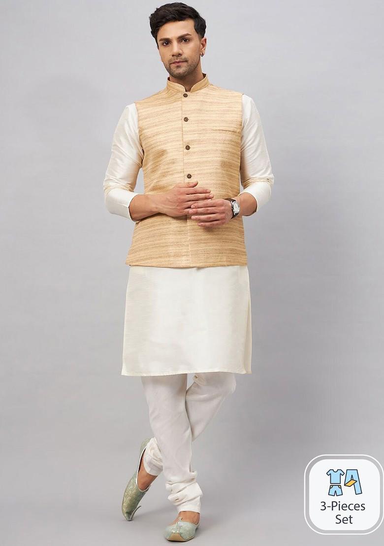Cream Solid Poly Blend Kurta Set For Men