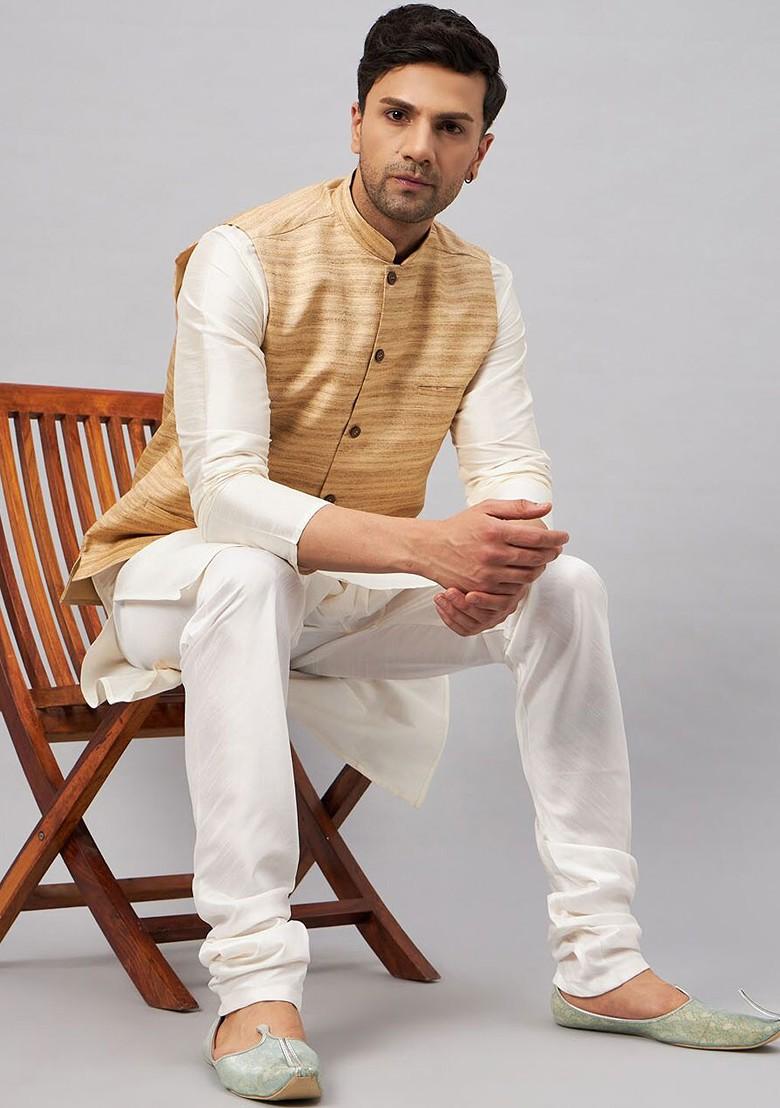 Cream Solid Poly Blend Kurta Set For Men