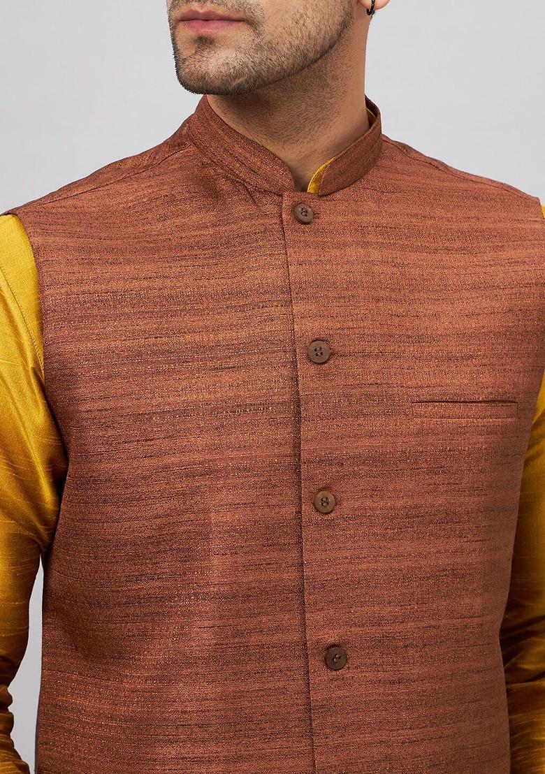 Coffee Brown Woven Poly Blend Kurta Set For Men