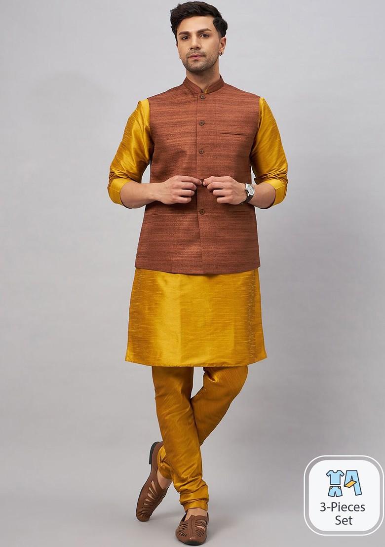 Coffee Brown Woven Poly Blend Kurta Set For Men