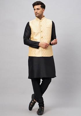 Black Woven Poly Blend Kurta Set For Men