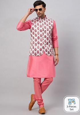Pink Solid Poly Blend Kurta Set For Men