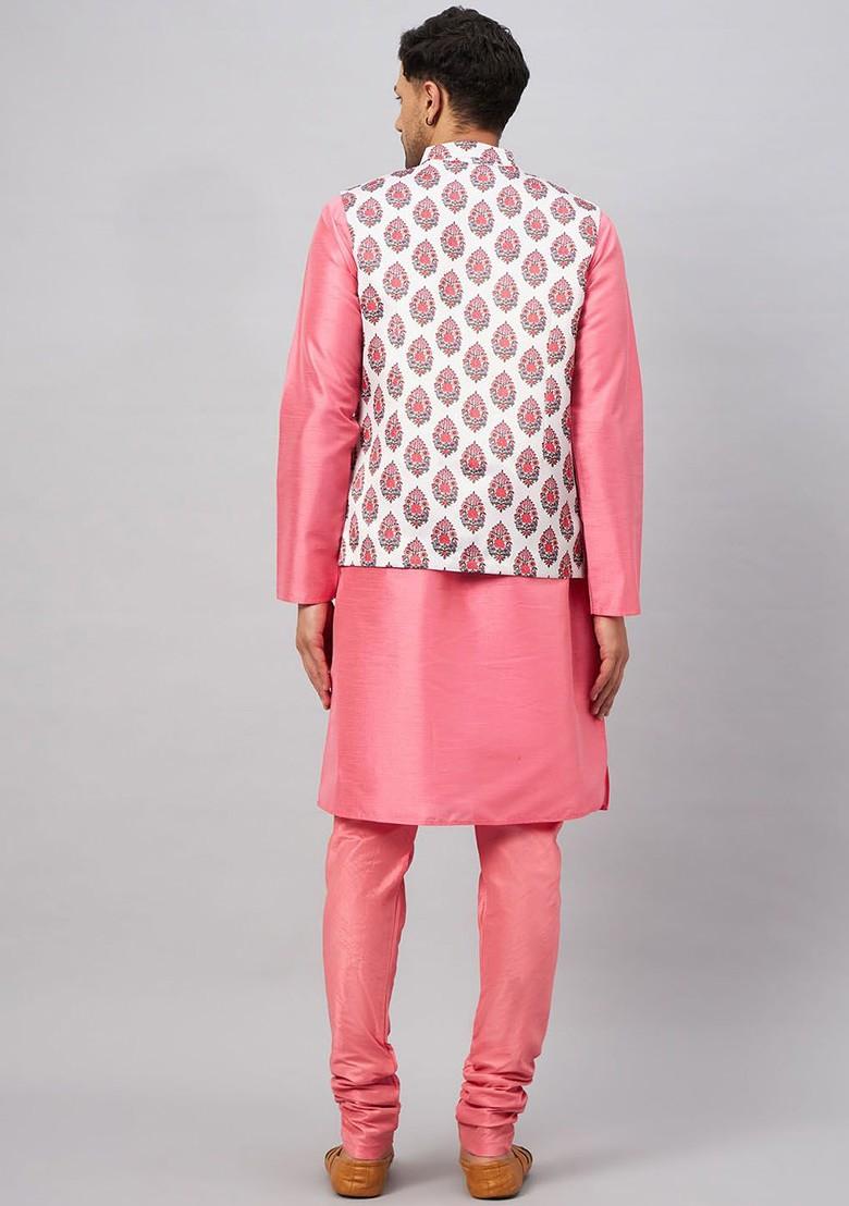 Pink Solid Poly Blend Kurta Set For Men