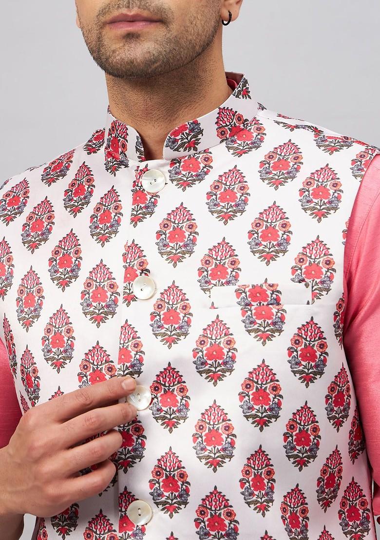 Pink Solid Poly Blend Kurta Set For Men