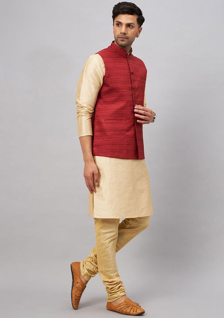 Gold Solid Poly Blend Kurta Set For Men