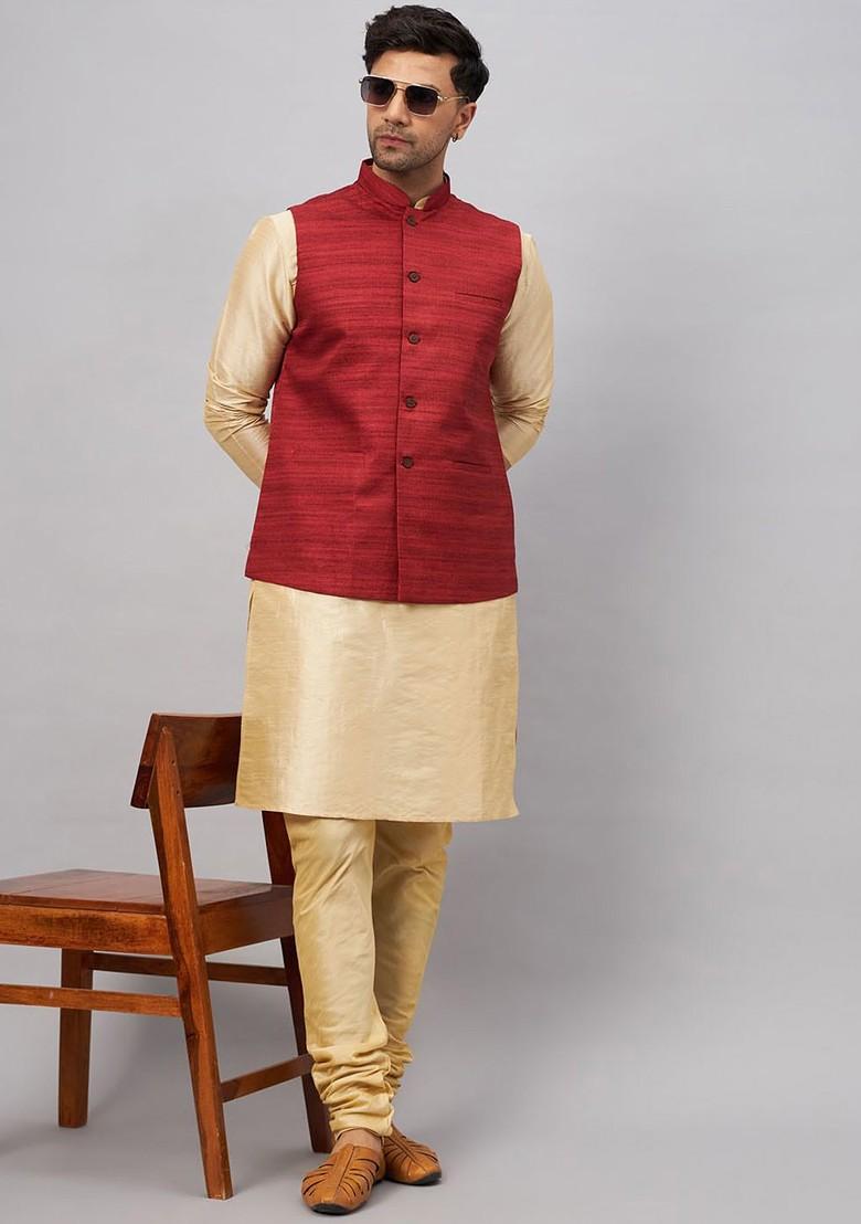 Gold Solid Poly Blend Kurta Set For Men