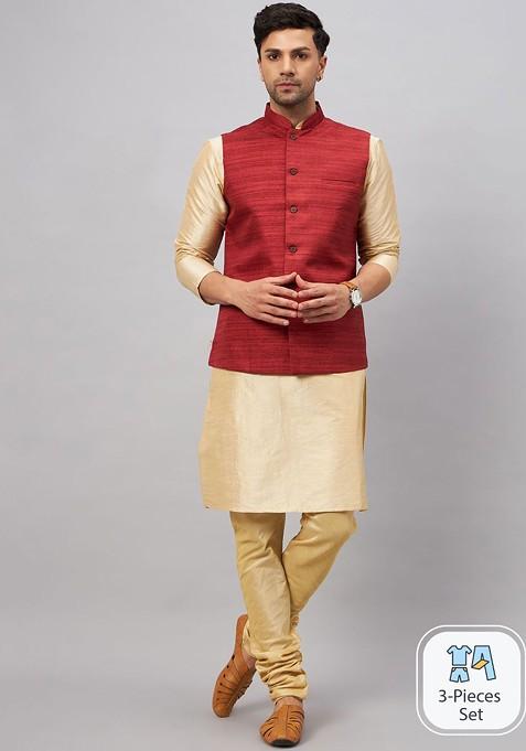 Gold Solid Poly Blend Kurta Set For Men