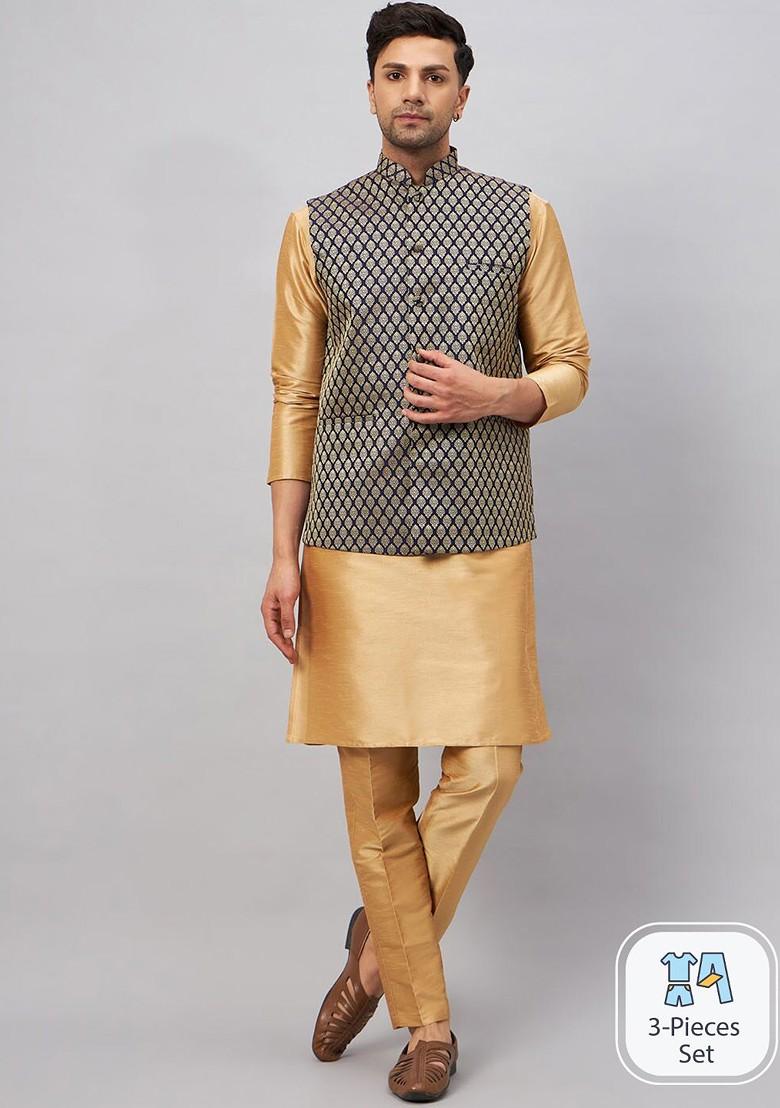 Rose Gold Woven Poly Blend Kurta Set For Men