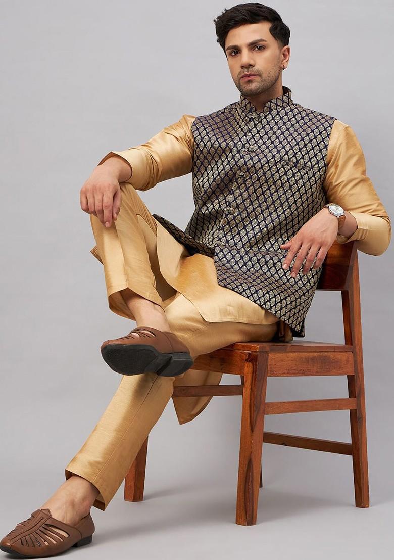 Rose Gold Woven Poly Blend Kurta Set For Men
