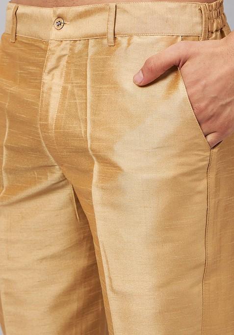 Rose Gold Woven Poly Blend Kurta Set For Men