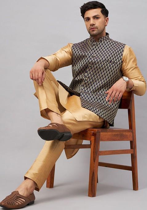 Rose Gold Woven Poly Blend Kurta Set For Men