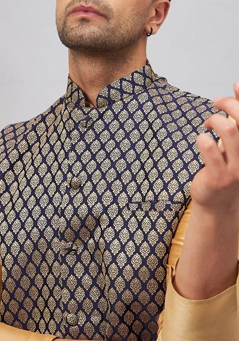 Rose Gold Woven Poly Blend Kurta Set For Men