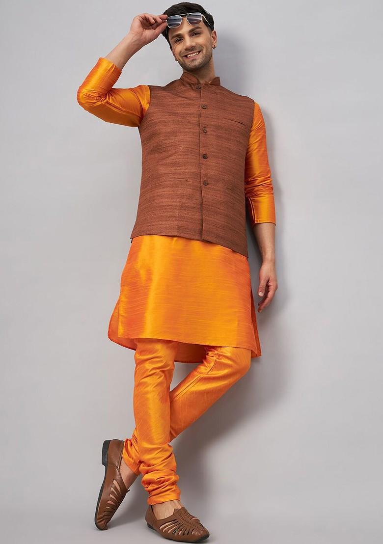 Orange Woven Poly Blend Kurta Set For Men