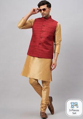 Rose Gold Solid Poly Blend Kurta Set For Men