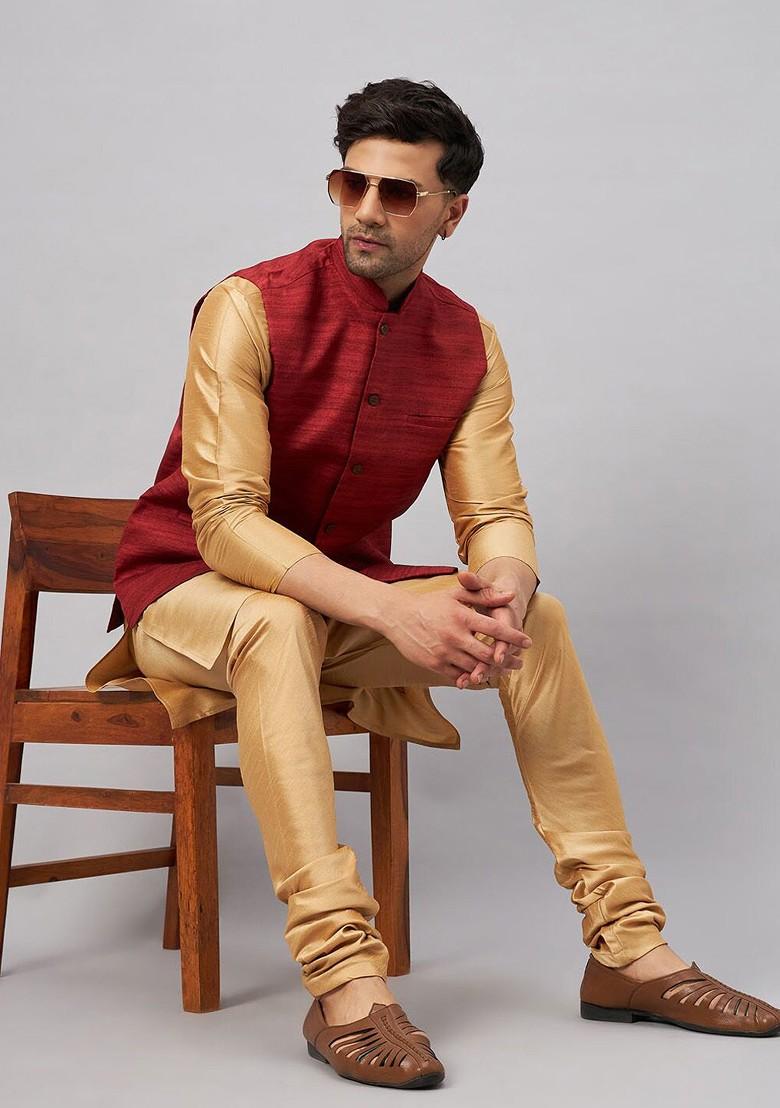 Rose Gold Solid Poly Blend Kurta Set For Men