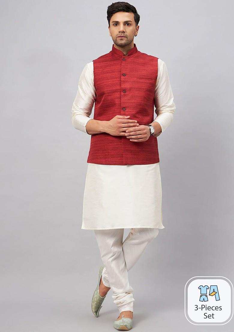 Cream Woven Poly Blend Kurta Set For Men