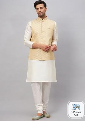 Cream Woven Poly Blend Kurta Set For Men