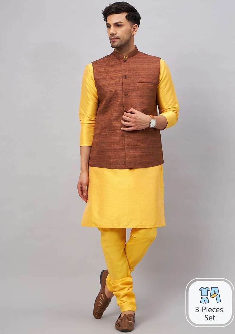 Yellow Woven Poly Blend Kurta Set For Men - Indya