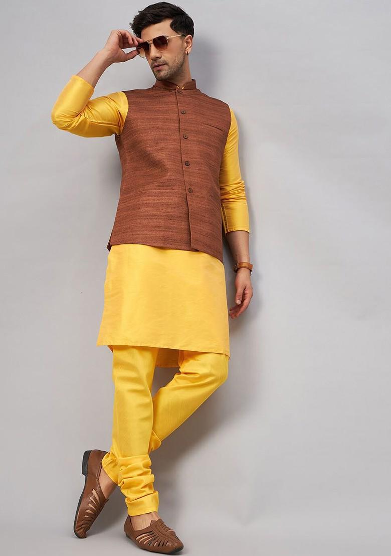 Yellow Woven Poly Blend Kurta Set For Men