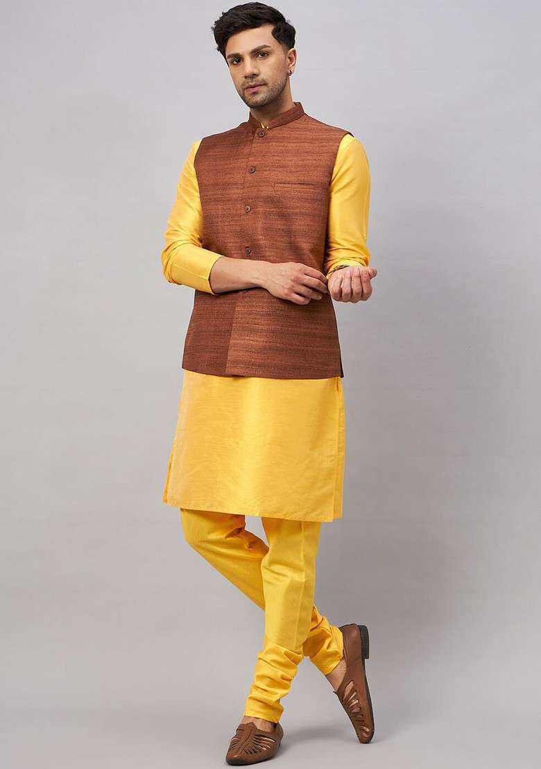 Yellow Woven Poly Blend Kurta Set For Men - Indya